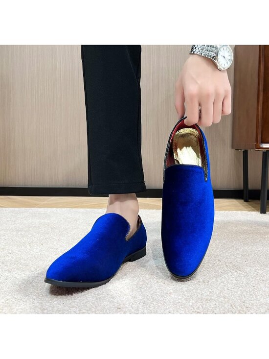 Men\'s Blue Velvet Penny Loafers Metal Buckle Slip On Luxury Suede Formal Shoes main image 5